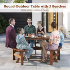 Table de pique-nique ronde Costway 6 places avec 3 bancs intégrés, 2 trous pour parasol, Marron/Jaune