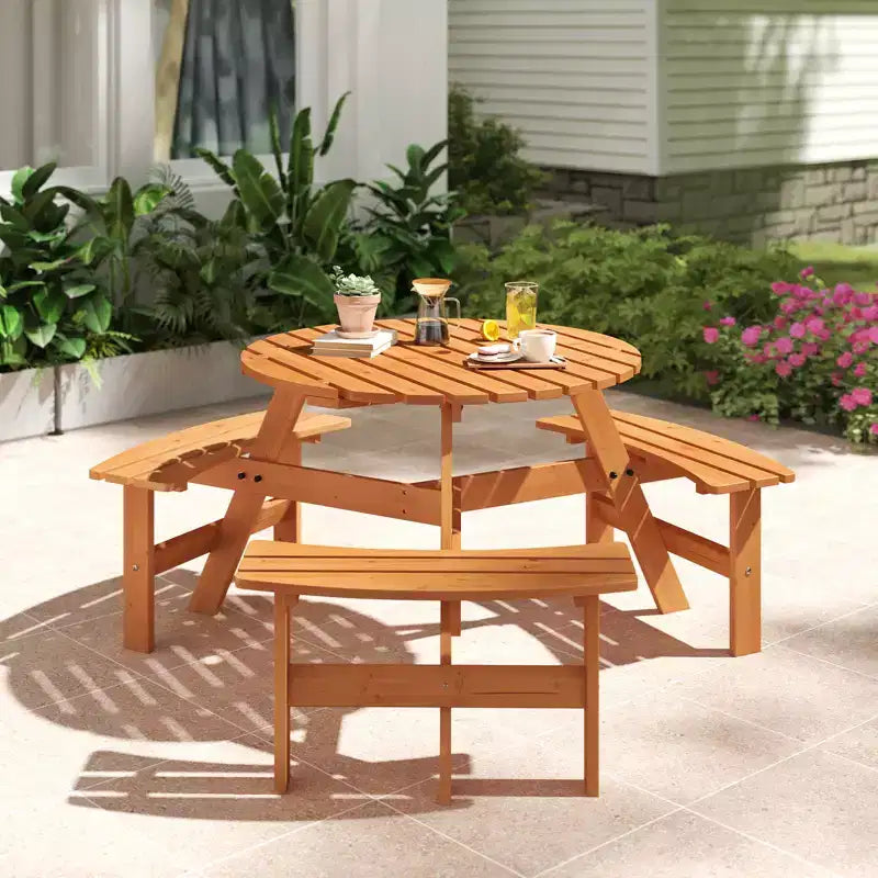 Table de pique-nique ronde Costway 6 places avec 3 bancs intégrés, 2 trous pour parasol, Marron/Jaune