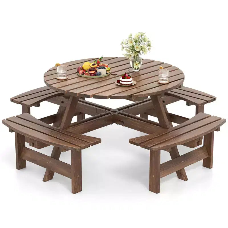 Set Tavolo da Picnic Rotondo per 8 Persone Costway con 4 Panche Integrate 2 Fori per Ombrellone, Marrone/Giallo