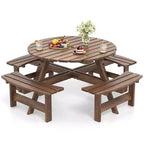 Set Tavolo da Picnic Rotondo per 8 Persone Costway con 4 Panche Integrate 2 Fori per Ombrellone, Marrone/Giallo