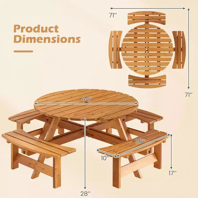 Set Tavolo da Picnic Rotondo per 8 Persone Costway con 4 Panche Integrate 2 Fori per Ombrellone, Marrone/Giallo