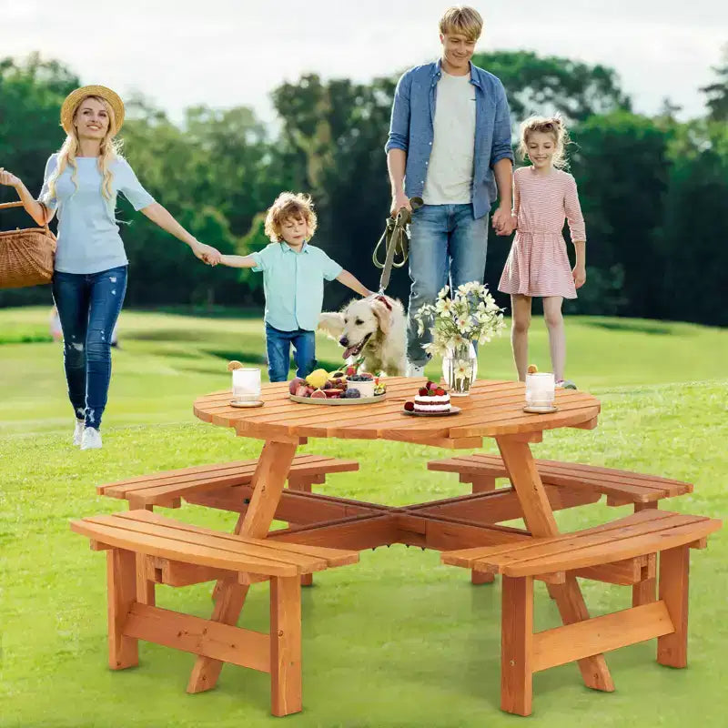 Set Tavolo da Picnic Rotondo per 8 Persone Costway con 4 Panche Integrate 2 Fori per Ombrellone, Marrone/Giallo