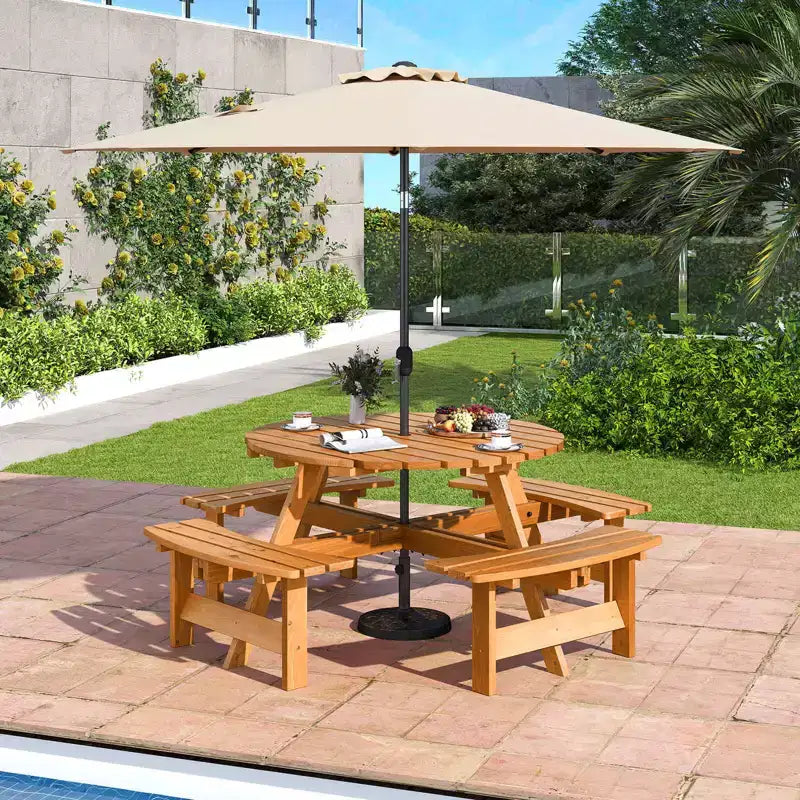 Set Tavolo da Picnic Rotondo per 8 Persone Costway con 4 Panche Integrate 2 Fori per Ombrellone, Marrone/Giallo
