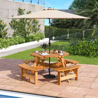 Set Tavolo da Picnic Rotondo per 8 Persone Costway con 4 Panche Integrate 2 Fori per Ombrellone, Marrone/Giallo