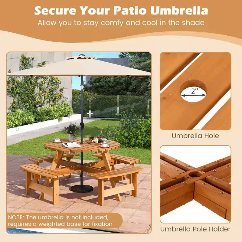 Set Tavolo da Picnic Rotondo per 8 Persone Costway con 4 Panche Integrate 2 Fori per Ombrellone, Marrone/Giallo