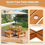 Set Tavolo da Picnic Rotondo per 8 Persone Costway con 4 Panche Integrate 2 Fori per Ombrellone, Marrone/Giallo
