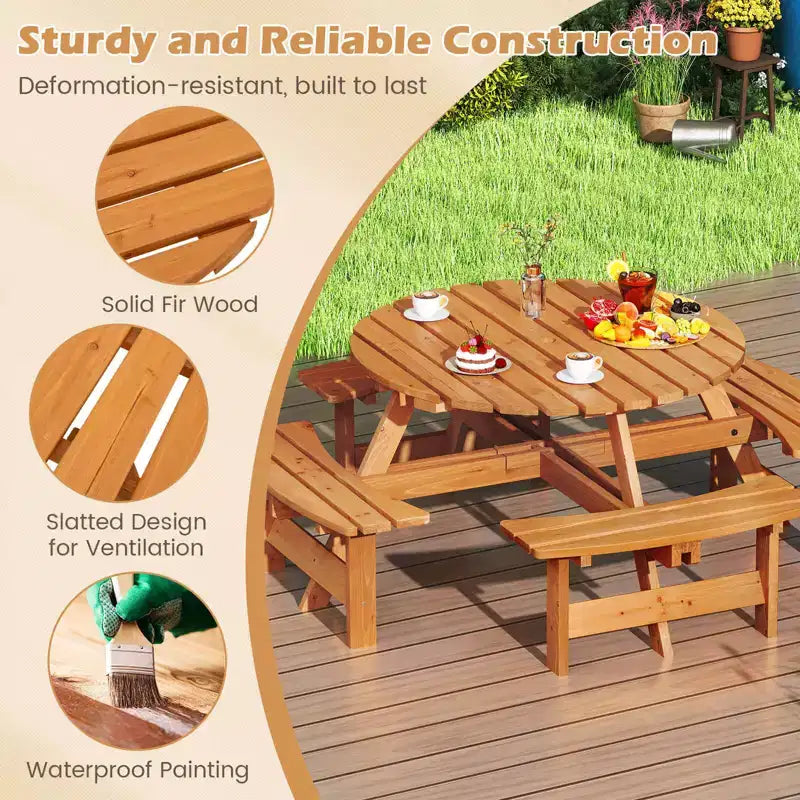 Set Tavolo da Picnic Rotondo per 8 Persone Costway con 4 Panche Integrate 2 Fori per Ombrellone, Marrone/Giallo