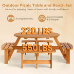 Set Tavolo da Picnic Rotondo per 8 Persone Costway con 4 Panche Integrate 2 Fori per Ombrellone, Marrone/Giallo