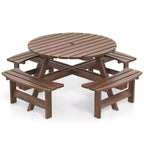 Set Tavolo da Picnic Rotondo per 8 Persone Costway con 4 Panche Integrate 2 Fori per Ombrellone, Marrone/Giallo