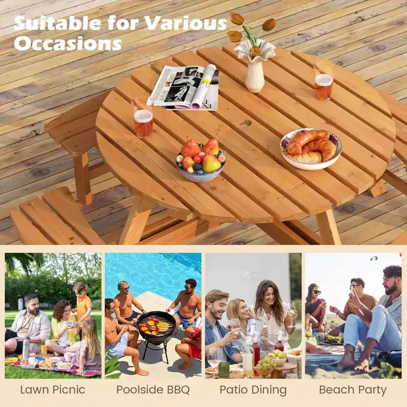 Set Tavolo da Picnic Rotondo per 8 Persone Costway con 4 Panche Integrate 2 Fori per Ombrellone, Marrone/Giallo