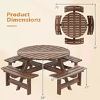 Set Tavolo da Picnic Rotondo per 8 Persone Costway con 4 Panche Integrate 2 Fori per Ombrellone, Marrone/Giallo