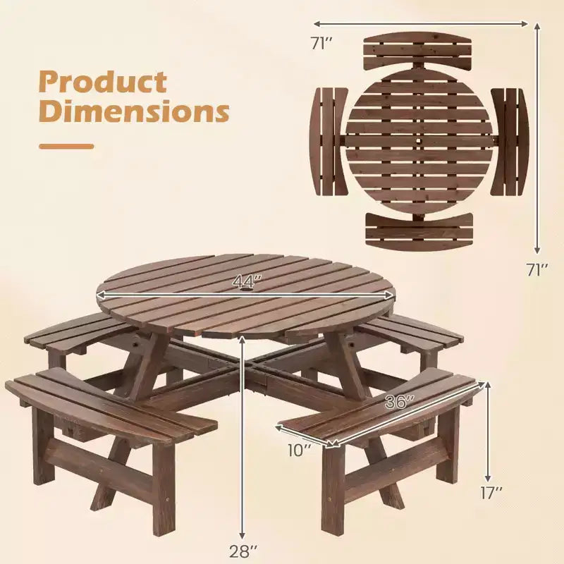 Set Tavolo da Picnic Rotondo per 8 Persone Costway con 4 Panche Integrate 2 Fori per Ombrellone, Marrone/Giallo