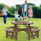 Set Tavolo da Picnic Rotondo per 8 Persone Costway con 4 Panche Integrate 2 Fori per Ombrellone, Marrone/Giallo
