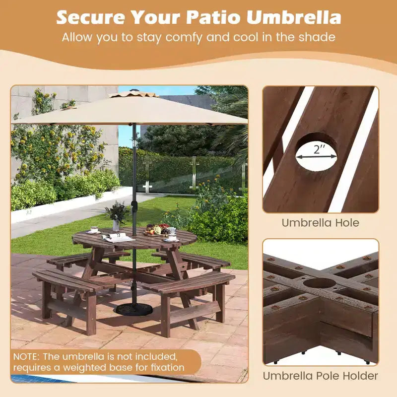 Set Tavolo da Picnic Rotondo per 8 Persone Costway con 4 Panche Integrate 2 Fori per Ombrellone, Marrone/Giallo