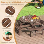 Set Tavolo da Picnic Rotondo per 8 Persone Costway con 4 Panche Integrate 2 Fori per Ombrellone, Marrone/Giallo