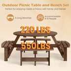 Set Tavolo da Picnic Rotondo per 8 Persone Costway con 4 Panche Integrate 2 Fori per Ombrellone, Marrone/Giallo
