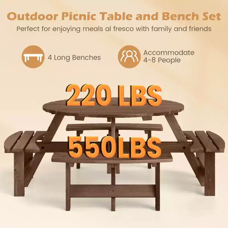 Set Tavolo da Picnic Rotondo per 8 Persone Costway con 4 Panche Integrate 2 Fori per Ombrellone, Marrone/Giallo