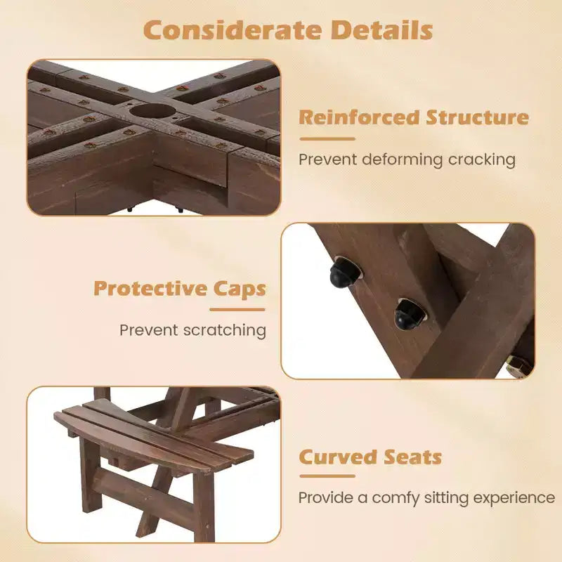 Set Tavolo da Picnic Rotondo per 8 Persone Costway con 4 Panche Integrate 2 Fori per Ombrellone, Marrone/Giallo