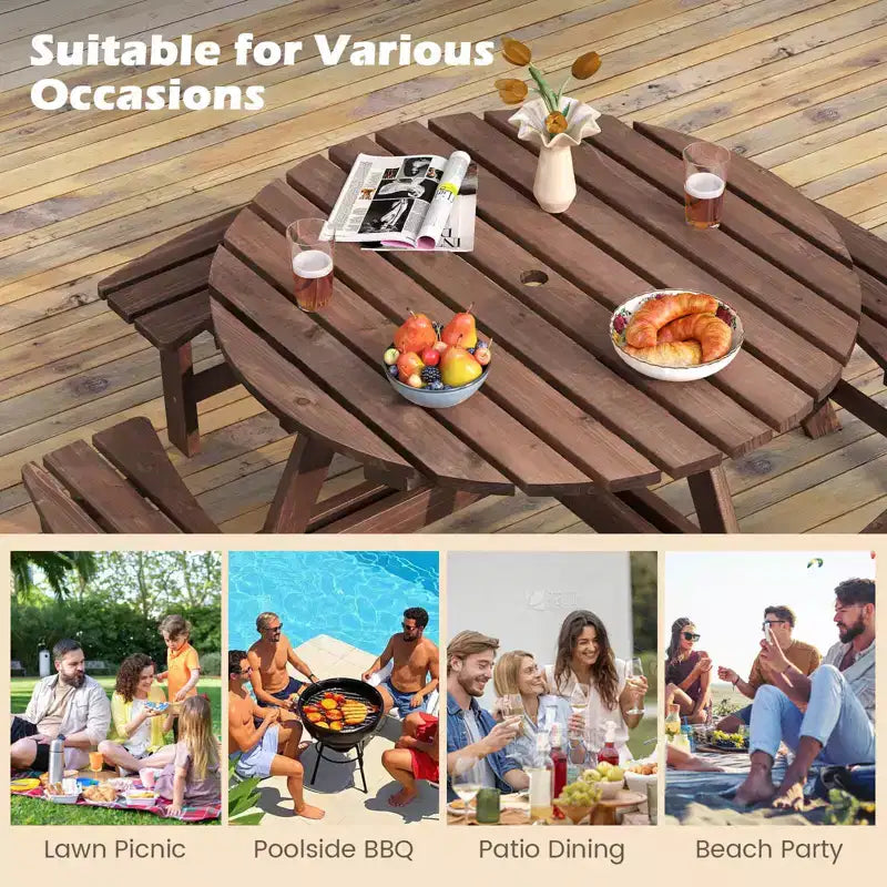 Set Tavolo da Picnic Rotondo per 8 Persone Costway con 4 Panche Integrate 2 Fori per Ombrellone, Marrone/Giallo