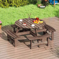 Costway 8-Person Round Picnic Table Set with 4 Built-in Benches 2 Umbrella Hole, Brown/Yellow