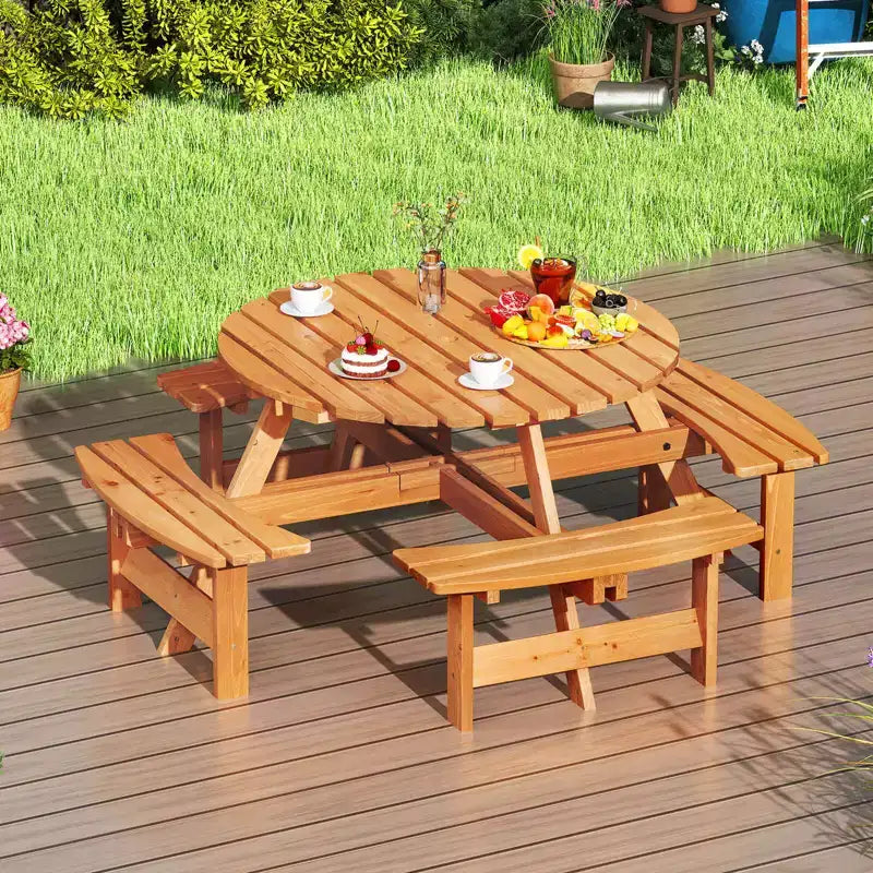 Costway Table de pique-nique ronde 8 places avec 4 bancs intégrés 2 trous pour parasol, Marron/Jaune