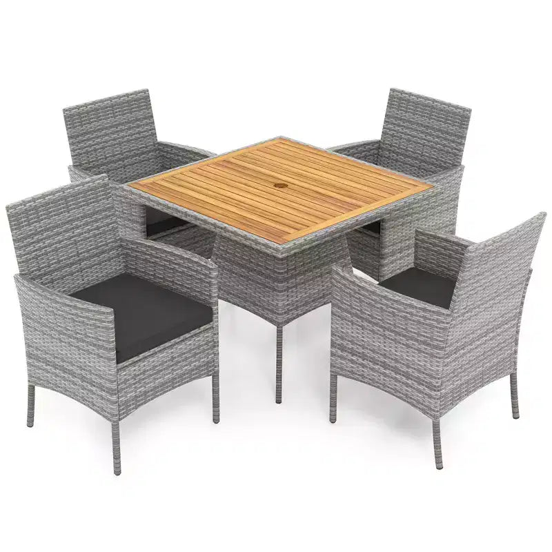 Costway Ensemble repas de patio en osier PE 5 pièces avec coussins et trou pour parasol de 5 cm