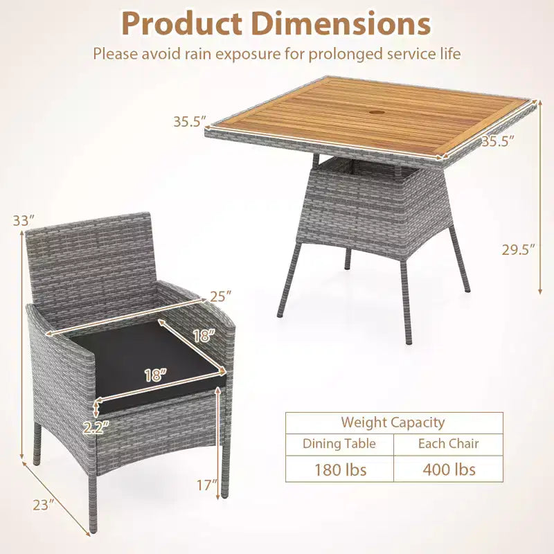 Costway Ensemble repas de patio en osier PE 5 pièces avec coussins et trou pour parasol de 5 cm