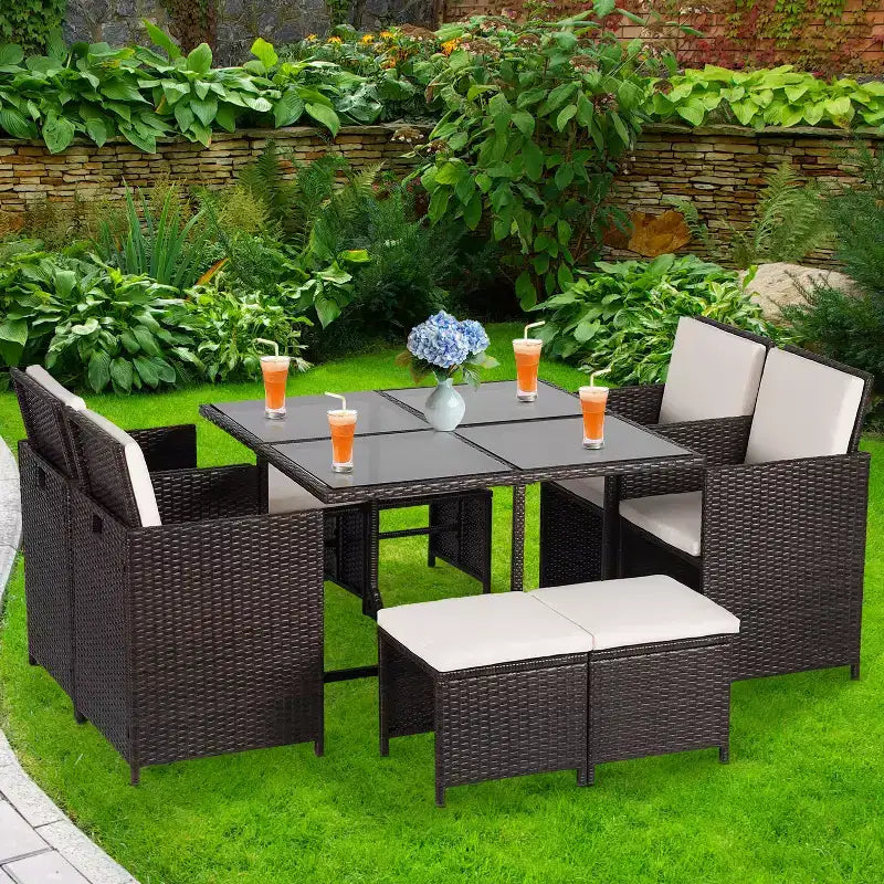 BestMassage Ensemble de mobilier de jardin d'extérieur avec 4 chaises en rotin, Kaki