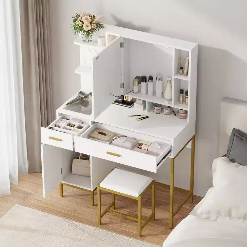 Toeletta per trucco con specchio e luci, tavolino da trucco con cassetti, ripiani aperti, armadietti, tavolo da trucco con sgabello imbottito per camera da letto
