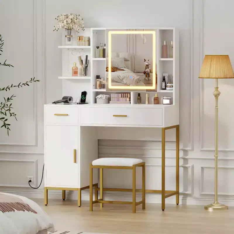 Toeletta per trucco con specchio e luci, tavolino da trucco con cassetti, ripiani aperti, armadietti, tavolo da trucco con sgabello imbottito per camera da letto