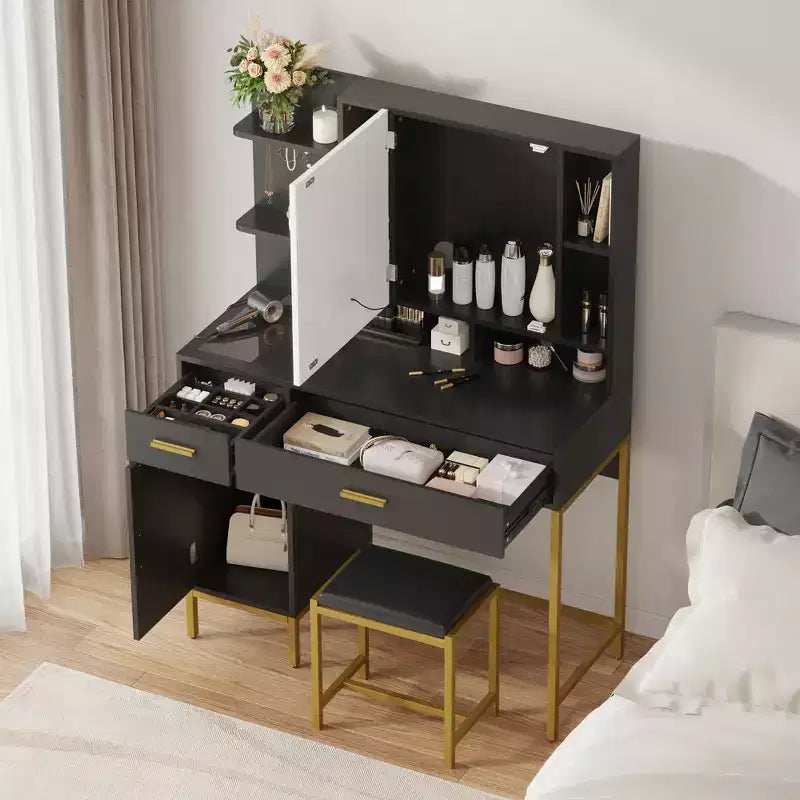 Toeletta per trucco con specchio e luci, tavolino da trucco con cassetti, ripiani aperti, armadietti, tavolo da trucco con sgabello imbottito per camera da letto
