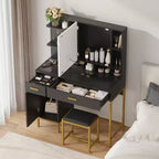 Toeletta per trucco con specchio e luci, tavolino da trucco con cassetti, ripiani aperti, armadietti, tavolo da trucco con sgabello imbottito per camera da letto