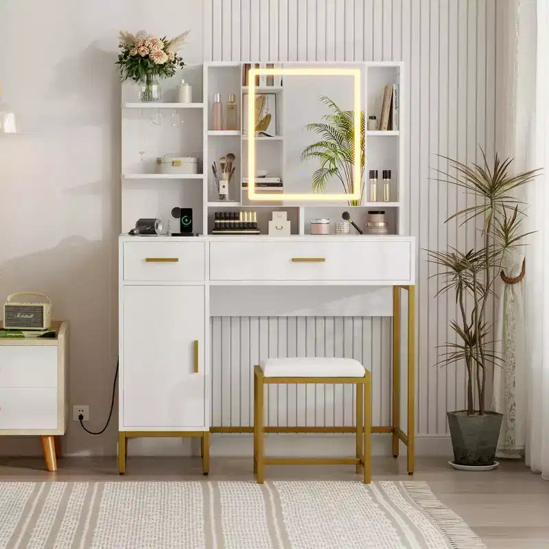 Toeletta per trucco con specchio e luci, tavolino da trucco con cassetti, ripiani aperti, armadietti, tavolo da trucco con sgabello imbottito per camera da letto