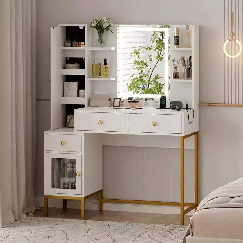 Toeletta da Trucco con Luci, Scrivania con Sgabello, Tavolo da Trucco Moderno, 3 Cassetti, Armadietto e Ripiani Aperti per Camera da Letto