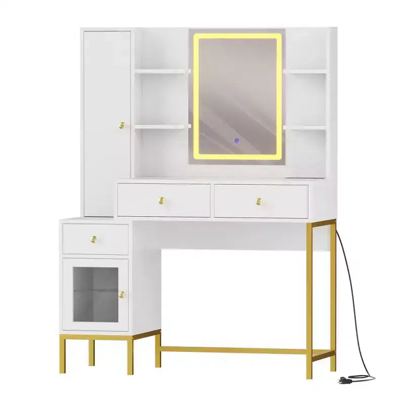 Toeletta da Trucco con Luci, Scrivania con Sgabello, Tavolo da Trucco Moderno, 3 Cassetti, Armadietto e Ripiani Aperti per Camera da Letto