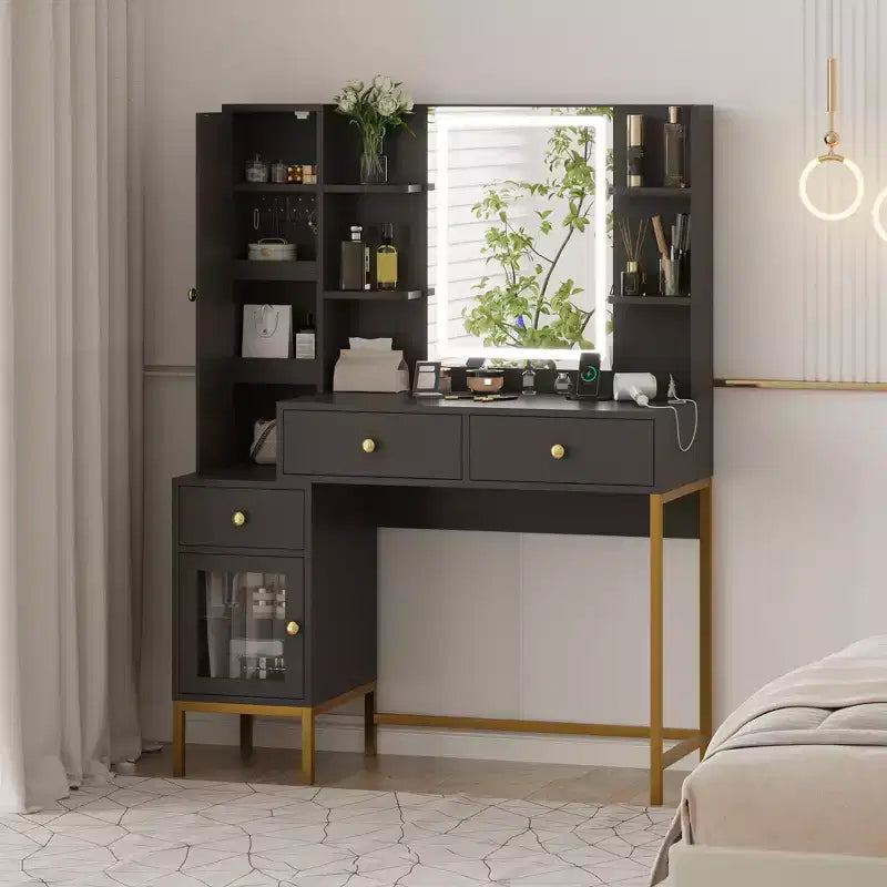 Toeletta da Trucco con Luci, Scrivania con Sgabello, Tavolo da Trucco Moderno, 3 Cassetti, Armadietto e Ripiani Aperti per Camera da Letto