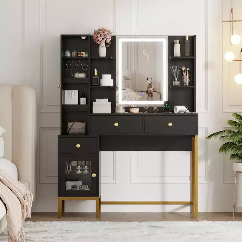 Toeletta da Trucco con Luci, Scrivania con Sgabello, Tavolo da Trucco Moderno, 3 Cassetti, Armadietto e Ripiani Aperti per Camera da Letto