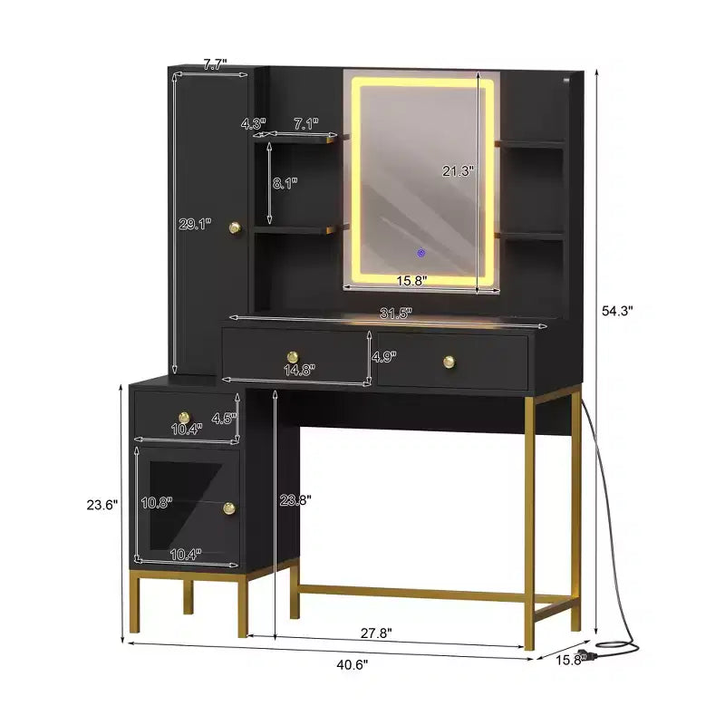 Toeletta da Trucco con Luci, Scrivania con Sgabello, Tavolo da Trucco Moderno, 3 Cassetti, Armadietto e Ripiani Aperti per Camera da Letto