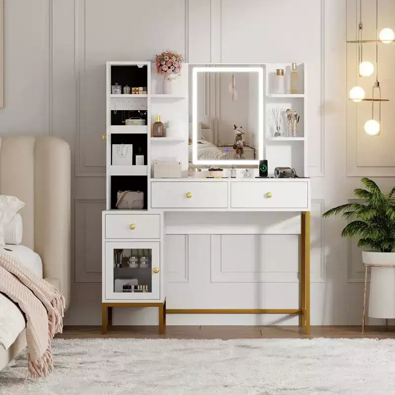 Toeletta da Trucco con Luci, Scrivania con Sgabello, Tavolo da Trucco Moderno, 3 Cassetti, Armadietto e Ripiani Aperti per Camera da Letto