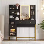YESFASHION Makeup Vanity with Lights, Vanity Desk with Stool, Modern Dressing Table, 3 Drawers, Cabinet Open Shelves for Bedroom