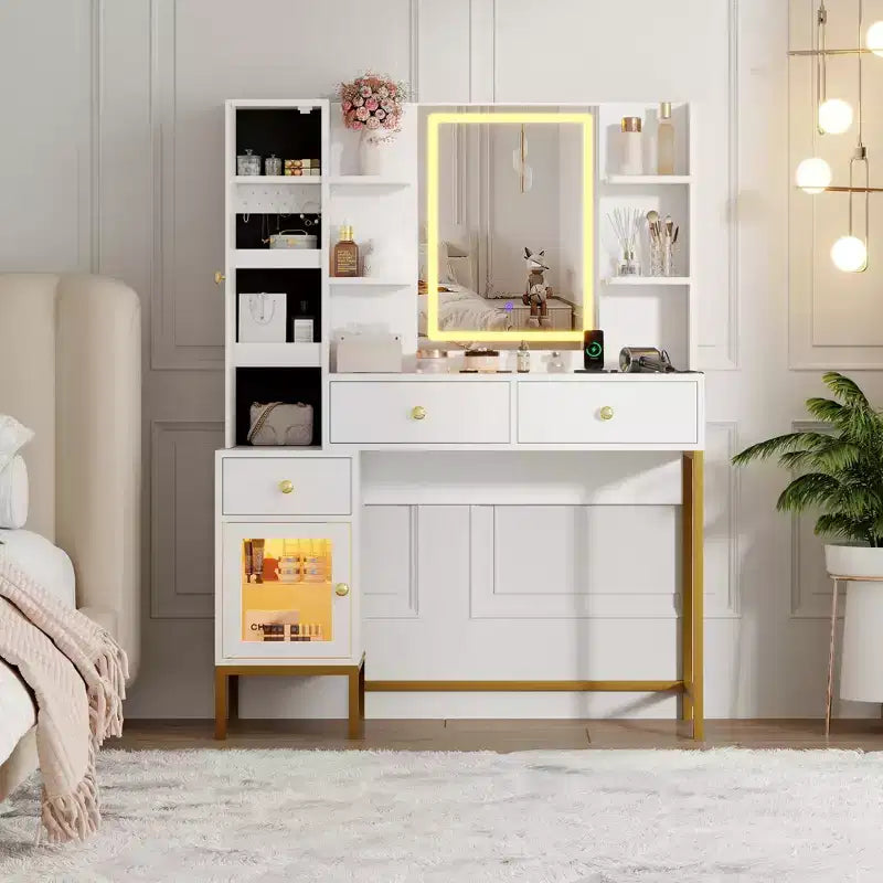 Toeletta da Trucco con Luci, Scrivania con Sgabello, Tavolo da Trucco Moderno, 3 Cassetti, Armadietto e Ripiani Aperti per Camera da Letto