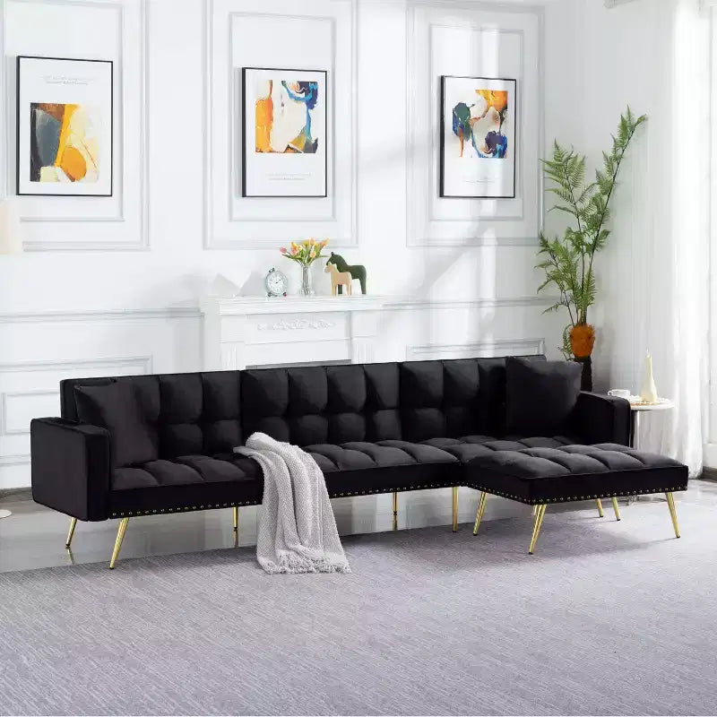 Divano letto convertibile da 107 pollici con robusta struttura in finto legno, 5 posizioni reclinabili, stile moderno con gambe dorate
