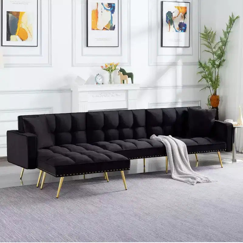 Divano letto convertibile da 107 pollici con robusta struttura in finto legno, 5 posizioni reclinabili, stile moderno con gambe dorate