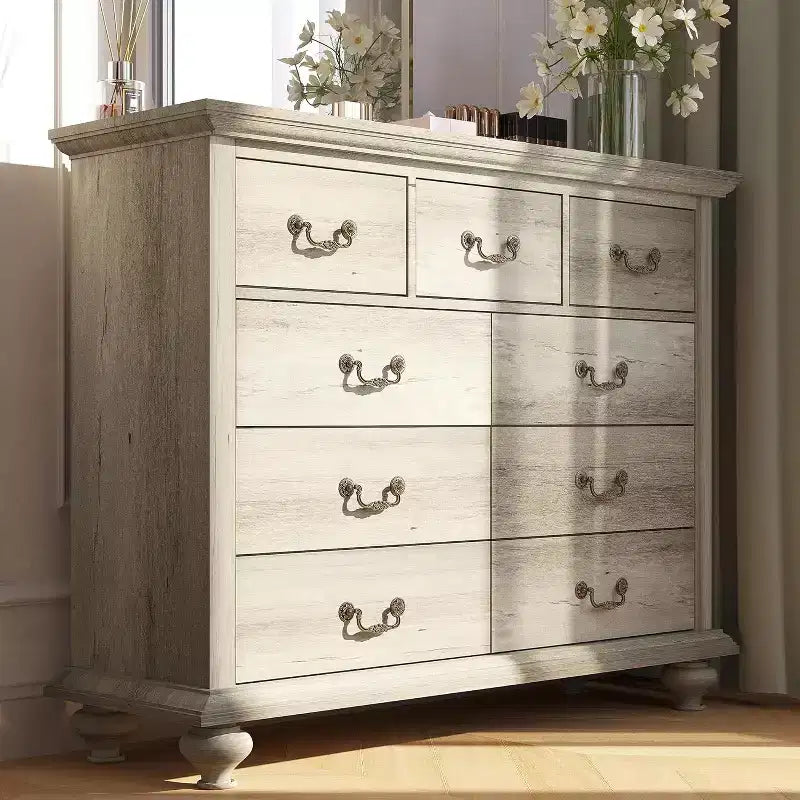 Cassettiera a 9 Cassetti per Camera da Letto, Comò in Legno con Cassetti Grandi e Maniglie in Metallo