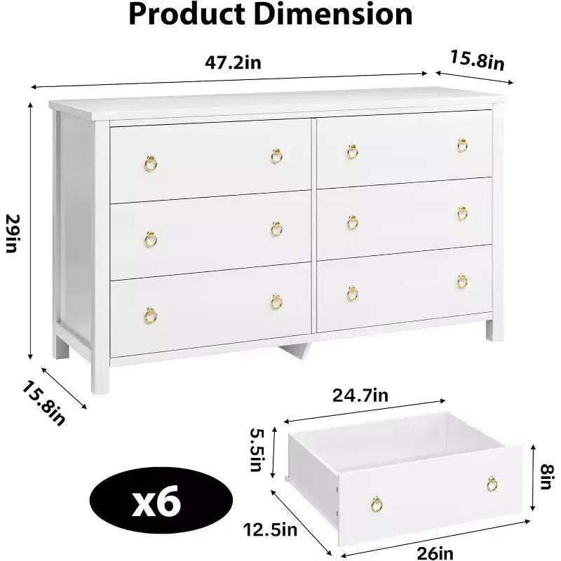Cassettiera a 6 cassetti per camera da letto, cassettiera larga 120 cm, cassettiera in legno, cassettiera moderna a cassetti larghi, per camera da letto, soggiorno, bianca