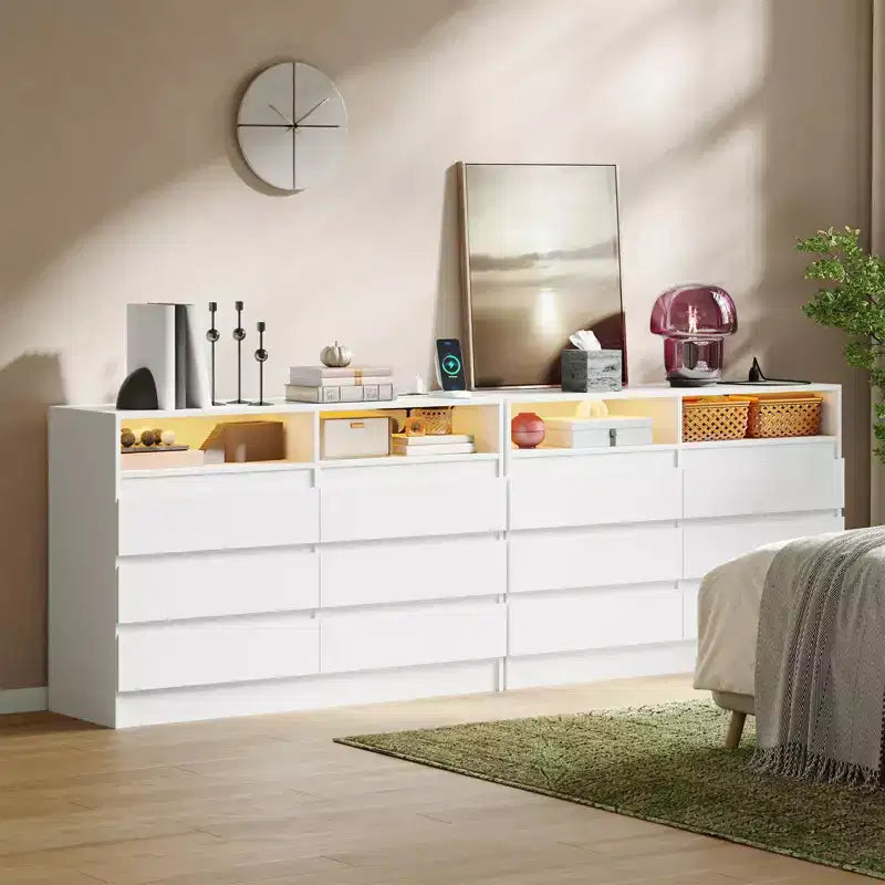 Comò a 6 cassetti, comò a LED bianco con stazione di ricarica, ancorabile alla parete, striscia luminosa regolabile a 6 colori, adatto per camera da letto, soggiorno