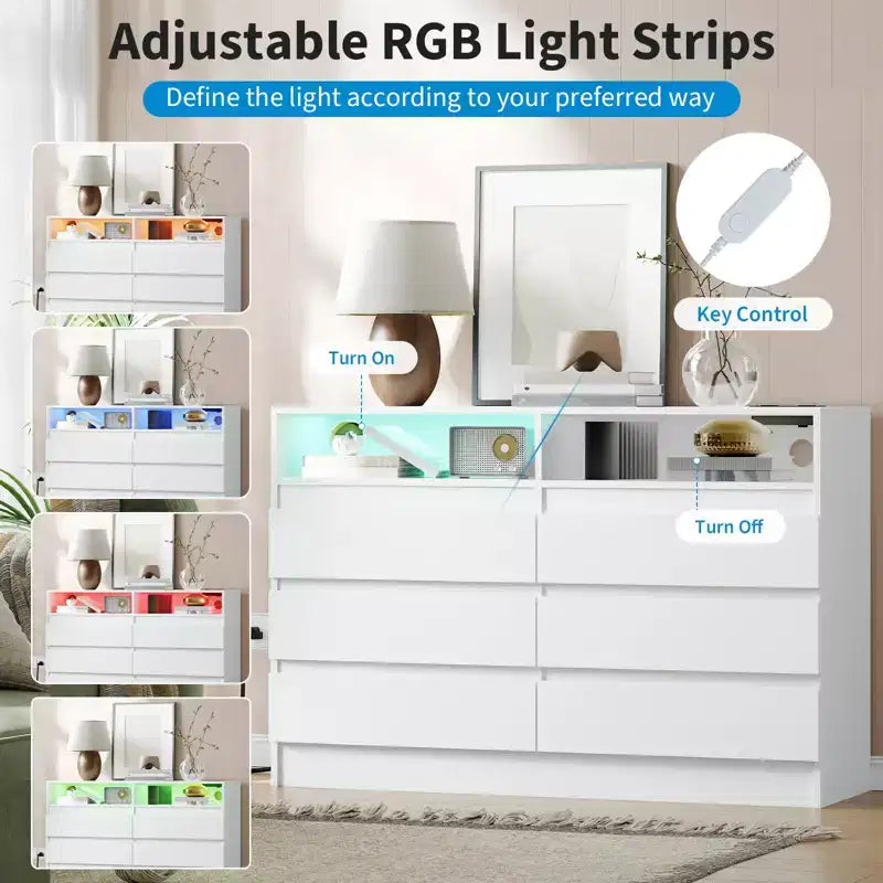 Comò a 6 cassetti, comò a LED bianco con stazione di ricarica, ancorabile alla parete, striscia luminosa regolabile a 6 colori, adatto per camera da letto, soggiorno