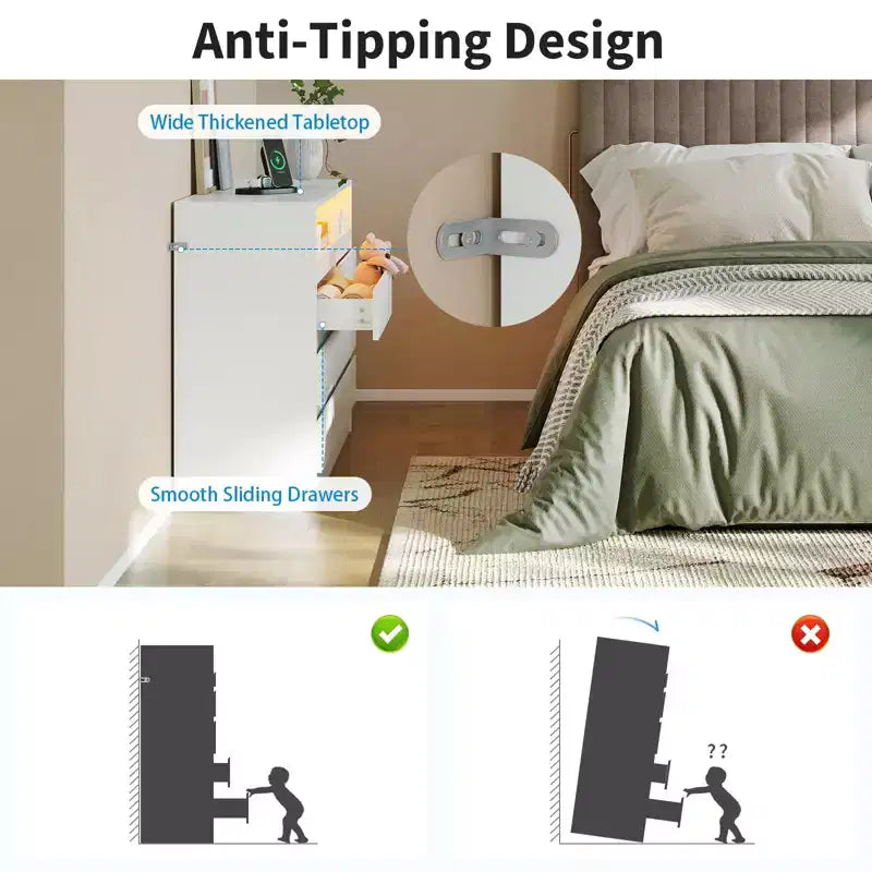 Comò a 6 cassetti, comò a LED bianco con stazione di ricarica, ancorabile alla parete, striscia luminosa regolabile a 6 colori, adatto per camera da letto, soggiorno