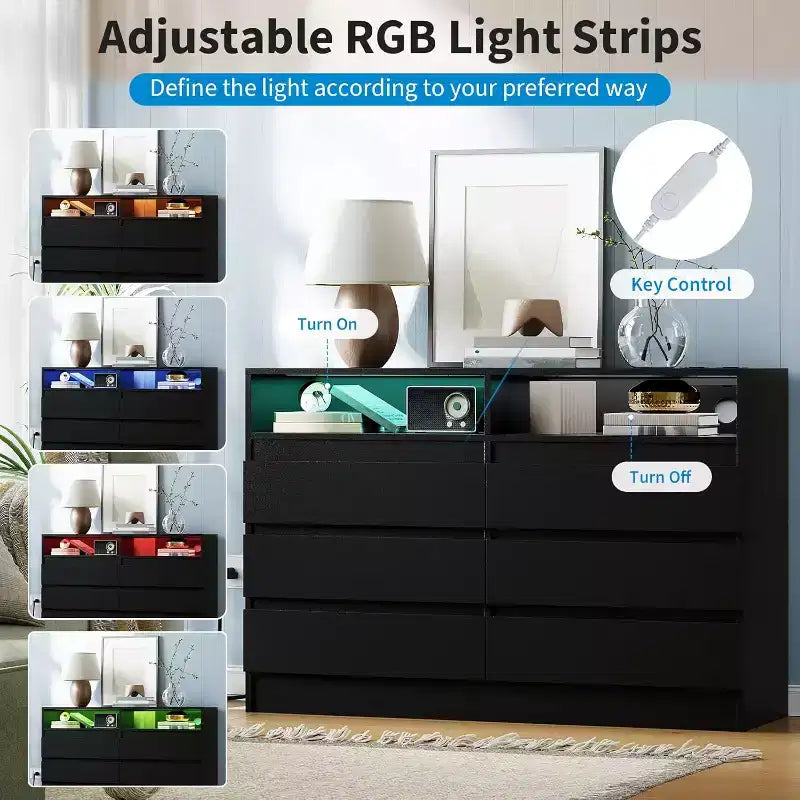Comò a 6 cassetti, comò a LED bianco con stazione di ricarica, ancorabile alla parete, striscia luminosa regolabile a 6 colori, adatto per camera da letto, soggiorno