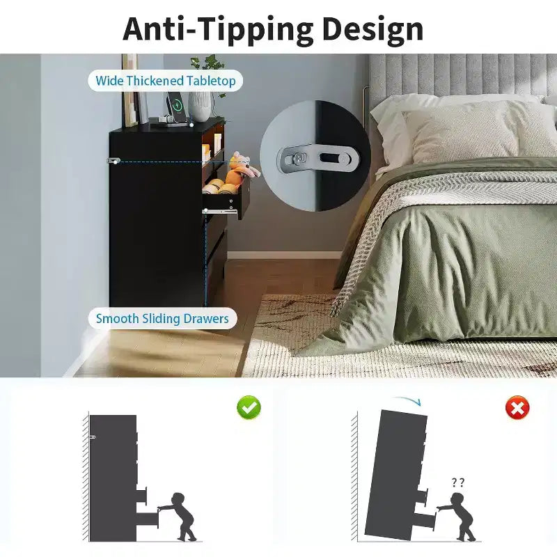 Comò a 6 cassetti, comò a LED bianco con stazione di ricarica, ancorabile alla parete, striscia luminosa regolabile a 6 colori, adatto per camera da letto, soggiorno